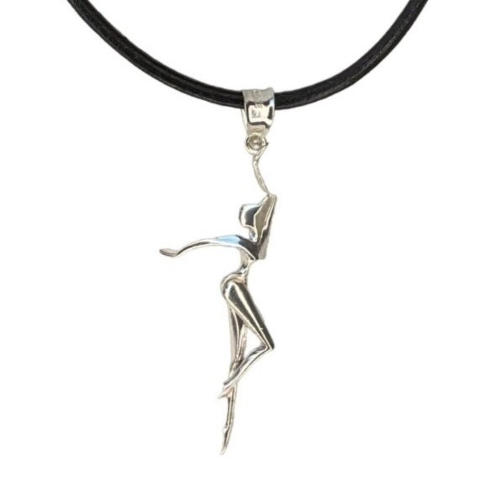 New Sterling Silver 925 stamped Dancer ballerina pendant with leather cord - Picture 1 of 8